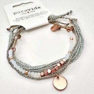 Pura Vida 3-Pack Bracelets: Rose Gold, Silver String, White Moonstone Beaded
